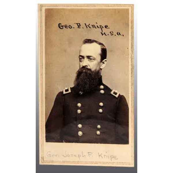 Brigadier General Joseph F. Knipe CDV.: Bust view. Rhode Island Dorr Rebellion, wounded at Cedar Mt. Marked "Anthony from Brady" on back. 4" x 2 - 1/2". (Excellent).