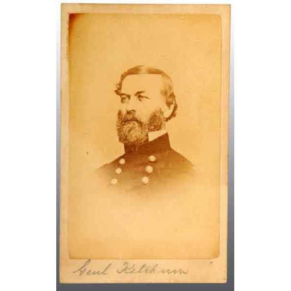 Colonel & Major William Scott Ketchum CDV.: Colonel 11th Infantry and Major General. USMA 1834. Bust view. Poisoned by landlady 1871. Marked "Bell Photographer, PA" on back. 4" x 2 - 1/2". (Excellent).
