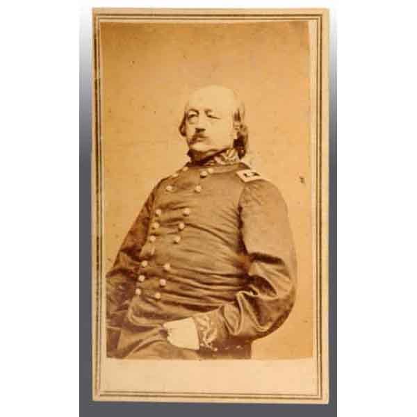 Major General Benjamin Butler CDV.: Governor of Massachusetts. 3/4 seated view. "Beat Butler" for "Woman Order" New Orleans. Marked "Anthony from Brady" on back with tax stamp. 4" x 2 - 1/2". (Excellent).