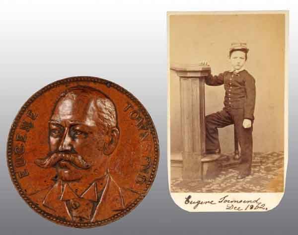 Cadet Eugene Townsend CDV.: Dated 1862. In full uniform with back marking. Also includes bronze art medal of Eugene Townsend. Townsend was Select Council of Philadelphia from 1882 to 1985, Assistant Naval Officer from 1885 to 18