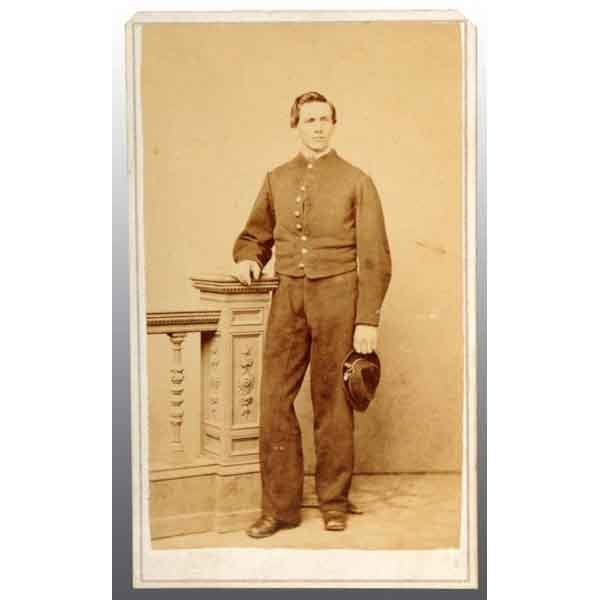 Unidentified Soldier CDV.: Full standing view with nine button waist jacket and slouch hat. Marked "John Goldin & Co, Washington D.C.". 4" x 2 - 1/2". (Excellent).