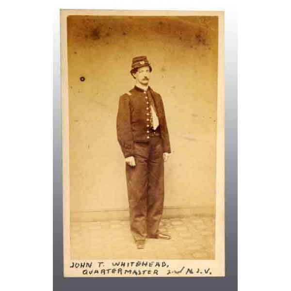 Quartermaster John T. Whitehead CDV.: 1st and 2nd New Jersey Volunteers. Battles from Bull Run to Appomattox. 1st Lieutenant full standing view wearing cap. No back mark. Signed in period ink on reverse. (Excellent).