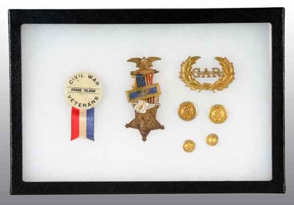 Lot of 3: Civil War Pins & 4 Buttons.: Includes one Civil War Veterans button for Rhode Island William Brown Co., one for Providence, R.I., one GAR Veterans membership medal with Post Officer's bar and State shield, one GAR wreath, two lar