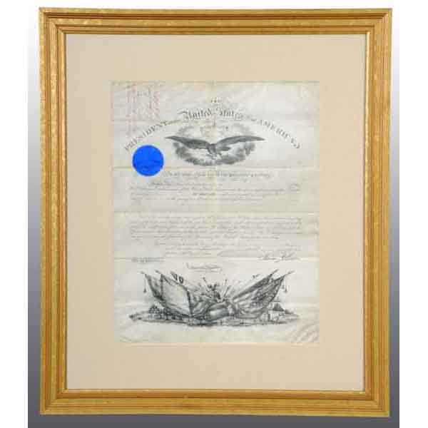 Army Presidential Commission Document.: For David S. Nichols Major. Signed by President Andrew Johnson and Secretary of Wary Edwin M. Staunton. Beautiful Victorian lithograph printed vellum document. Some minor creases. 15" x 19". (Excellen