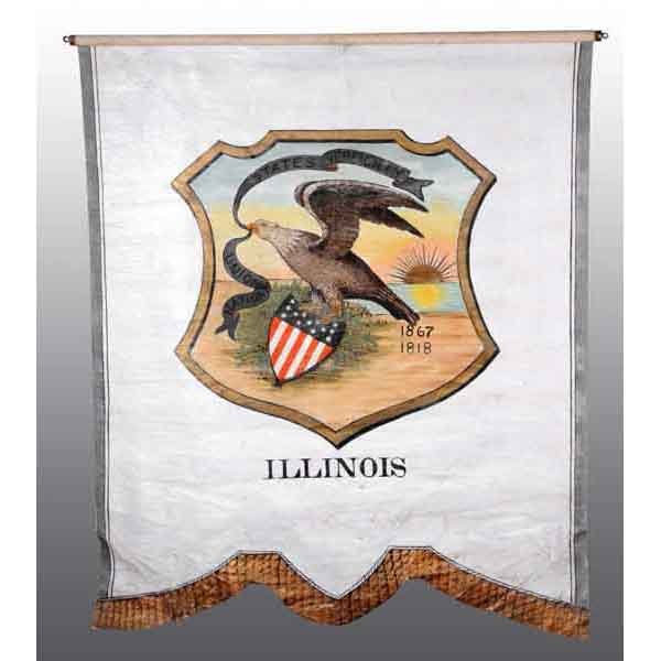 Early Painted Canvas Illinois Flag Banner.: Circa 1880 to 1890. Features American eagle and shield. Some minor crazing. 47" x 50". (Excellent).