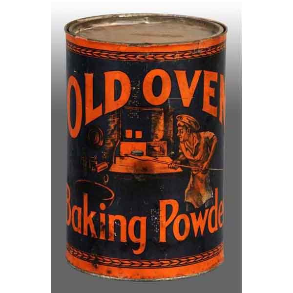 Old Oven Baking Powder Tin.: Great looking piece with distinct look on the front. Pry-off lid. Light spotting. Paper label. Rare. 6 - 1/2" x 10". (8.2 - 8.6).