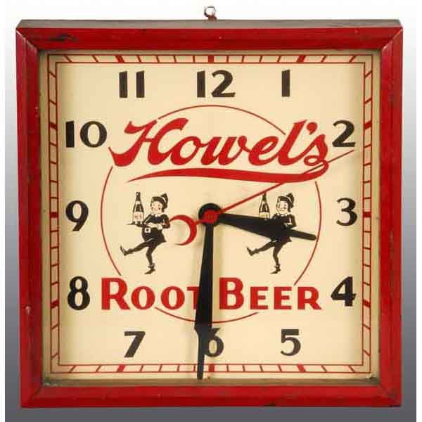 Howel's Root Beer Electric Clock.: Circa 1940s. Tin face has some flaking, light soiling, and minor crazing. Outside case has an old repaint. Displays well. 15" x 15". (7.5, Very Good).