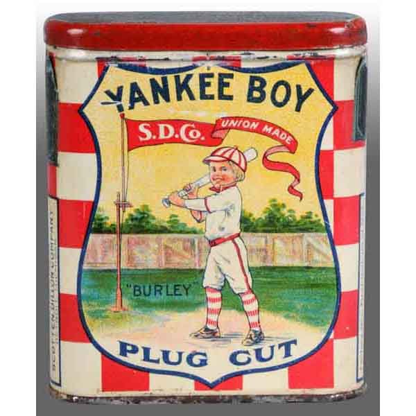 Yankee Boy (Blonde) Pocket Tobacco Tin.: Manufactured by Scott & Dillon Company, Detroit, MI. Very nice example with crisp color and shine. Few minor nicks. Minimal oxidation to the lid and base. Slight indentation. Displays smartly. Still m