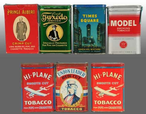 Lot of 7: Tobacco Pocket Tins and Boxes.: Includes two Hi-Plane, Times Square, Tuxedo, Model, Union Leader, and Prince Albert. Minimal amounts of wear. Each: 4 - 1/4" T. (Excellent).