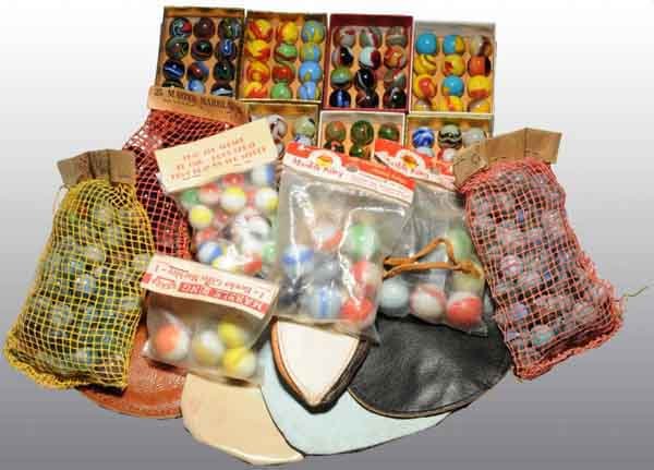 Large Lot of Bagged & Boxed Marbles.: Includes seven marble bags and made-up boxes of Christensen swirls, Mexican Valcors, Champions, and Peltiers.