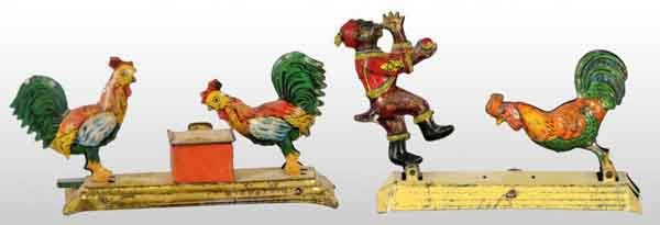 Lot of 2: Tin Litho Animal Penny Toys.: German. Both are lever action and working. Includes one with two roosters and one with a rooster and a monkey holding a ball. Moderate litho loss to one side of rooster and monkey toy. Both: 4" L. (Go