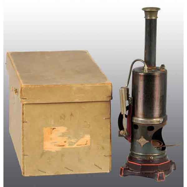 Bing No. 130/31 Vertical Steam Engine.: In original box. Circa 1912. This is the smallest of six variations Bing made of this engine. It has an oscillating cylinder and a cast iron base. With burner. 10" x 3 - 1/4". (Very Good).