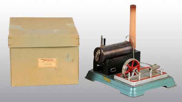 Fleischmann No. 120/4 Horizontal Steam Engine.: In orignal box. Manufactured in the 1950s and 1960s. With oscillating cylinder, hand rail, imitation brick boiler base and chimney. Box: 6 - 1/2" x 8 - 1/2". (Excellent).