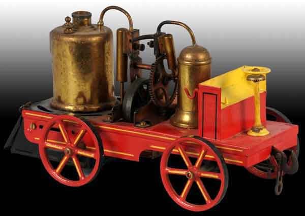 Bing No. 13954/1 Fire Pumper.: Circa 1906. Vertical brass boiler with safety valve. This pumper has a brass air chamber with an oscillating steam cylinder and an oscillating steam pump. Missing its very short smoke stack. The paint