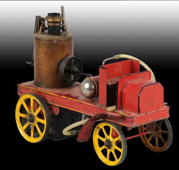 Truck Style Fire Pumper.: This unidentified fire pumper has a vertical boiler, oscillating cylinder, an air chamber and is mounted on a truck type frame. 7" x 9". (Very Good).