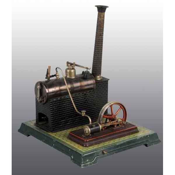 Bing Horizontal Steam Engine No. 130/463.: Includes a waterglass, a whistle, a weighted safety, a steam line oiler and a faux brick chimney. Ca. 1915 to ca. 1928. 14" x 9". Base: 11 - 3/4". (Very Good).