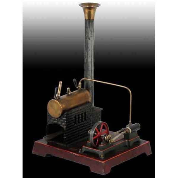 Doll et Cie Horizontal Steam Engine.: This small engine has a whistle, burner, and a safety valve. The smoke stack is a replacement. 11" x 6 - 1/4". Base: 7 - 1/4". (Good - Very Good).