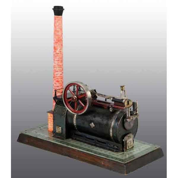 Bing No. 130/272 Stationary Locomobile.: Circa 1912. This engine includes a faux brick chimney, a catwalk with railings, a pressure gauge, a whistle, an oiler and the nice Bing name plate. The floor is sheet steel that is lithographed as fau