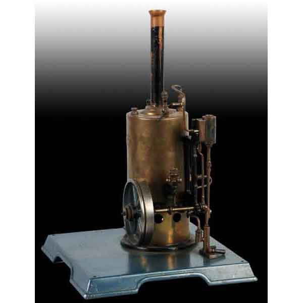 Marklin No. 4112 Vertical Steam Engine.: Variations of this model were made ca. 1900 to 1928. This engine includes the feed water pump, flyball governor, and whistle on a pressed steel base. It has a Marklin name plate on the side of the boi