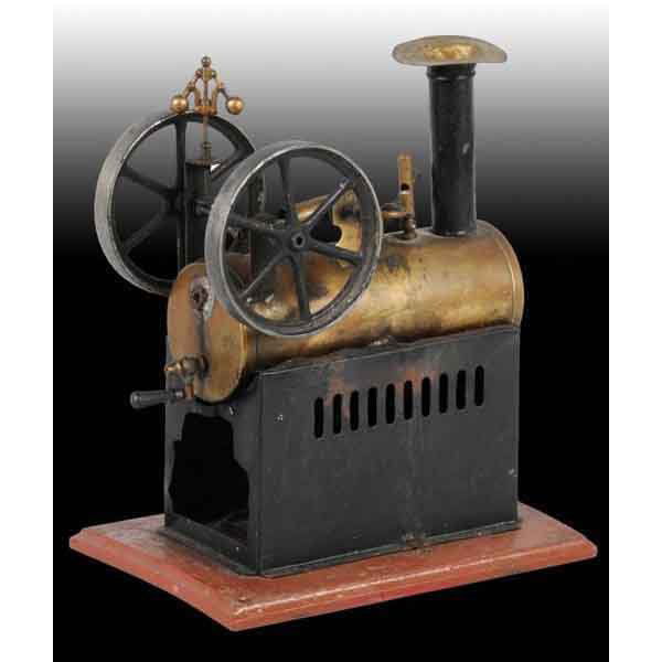 German Double Flywheel Overtype Steam Engine.: The engine includes a flyball governor (similar to Krauss & Mohr), a whistle and an oscillating cylinder. Some minor repairs and paint loss due to scorching. The top of the chimney has been dented in.