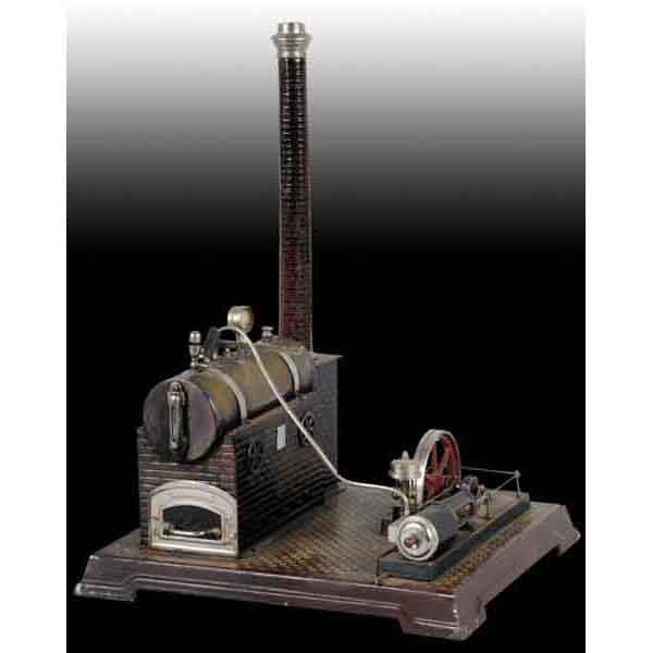 Bing No. 10/140/2 Horizontal Steam Engine.: Circa 1927. Fittings include a pressure gauge, whistle, weighted safety valve (the weight is missing), flyball governor, rails around the engine, an imitation brick chimney and a stationary cylinder. 
