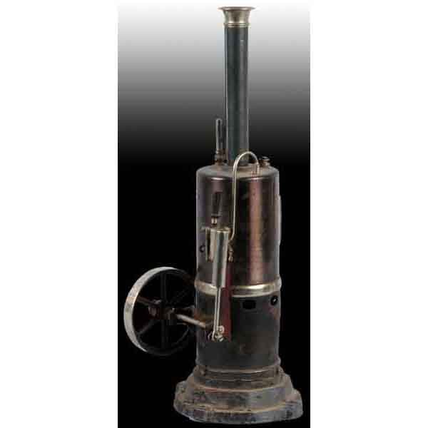 Bing No. 130/41 Vertical Steam Engine.: This engine has a taller than usual original smokestack. This model has an oscillating cylinder with reversing lever. It has a whistle, a safety valve and a waterglass. Sold by Sears Roebuck in 1912 f