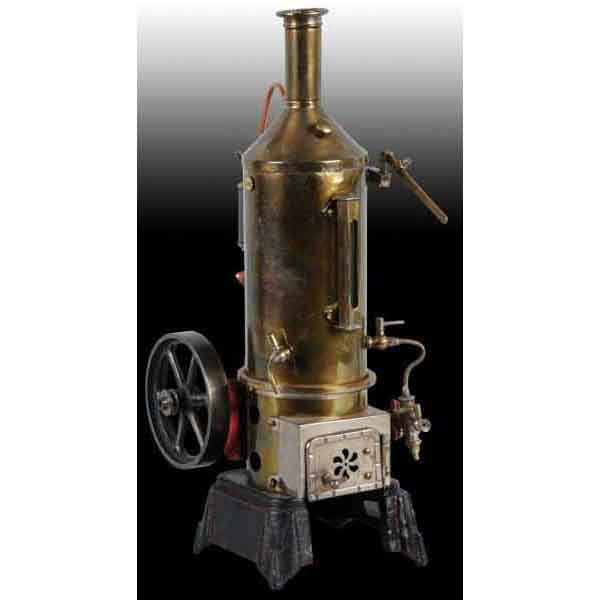 German Vertical Steam Engine.: Believe to have been made by Schoenner or Falk. This engine appears to have been restored with some small dents having been removed from the boiler and the boiler re-soldered. The engine is missing it