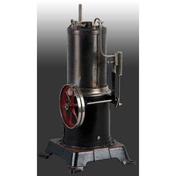 Bing Electric Heated Vertical Steam Engine.: Interesting embossed "New York-Bing" name plate. It would be interesting to know more about this American Bing Company. It has a whistle, weighted safety (weight is missing) and an oscillating cylinde