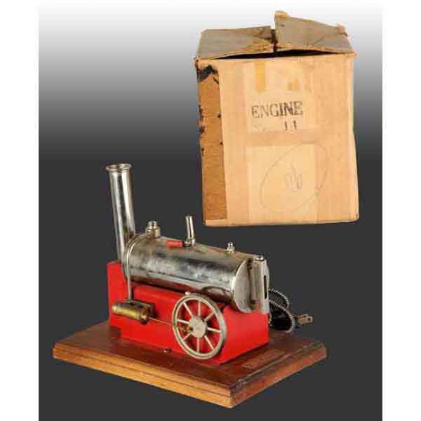 Weeden No. 43 Electric Horizontal Steam Engine.: A brass name plate is attached to the base. This engine was designed after the company was sold to National Playthings. It was produced in the late 1940s with original box. 7" x 8 - 1/2". Base: 9 - 1/