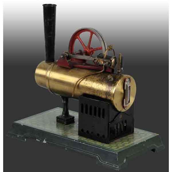 Bing No. 130/582 "Stationare Dampf-Lokomobilen".: The base is 10 ¼" long. This toy was sold by Sears Roebuck in 1912 for $2.98. It has a stationary cylinder and valve gear, whistle, water glass, safety valve, a firebox door and a steam line oiler (t