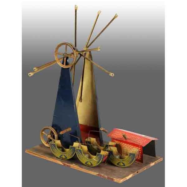 Tin Hawkott & Klausman Ferris Wheel Steam Toy.: Includes four tin gondola carts. Mounted on wooden base. Some pitting and wear. A similar toy is pictured in Morton Hershberg's book on page 151 and 152. This toy is incomplete and is missing its oute