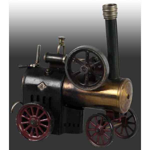 Bing No. 10/117/1 Steam Traction Engine.: Name plate style is that used by Bing from 1908 to 1925. Fixed cylinder with slide valve, steam line oiler, safety valve and whistle. 8 - 1/4" x 6 - 3/4". (Very Good).