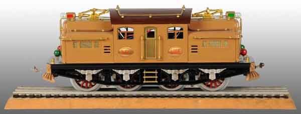 McCoy Reproduction No. 408E Lionel Train Engine.: Double motor. Marked "McCoy" on bottom of motors. Includes one 22-inch long board with piece of track. Train: 16" L. (Near Mint).