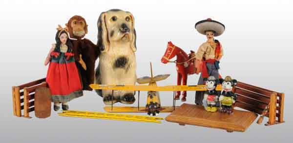 Lot of Misc. Vintage Toys & Character Items.: Includes Japanese no. 47 bi-wing tin friction plane, Steiff glass-eyed monkey puppet, two small Walt Disney Japanese bisque figures of Mickey and Minnie Mouse, two contemporary Mexican dolls with wood