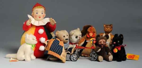 Lot of Animals.: Includes Steiff 1909 replica mohair Roly Poly Clown limited edition #0116/28, Steiff plush rooster #5494/18, Steiff white mohair Kitty #031724, Steiff black mohair Kitty #031922, one unmarked plush ki