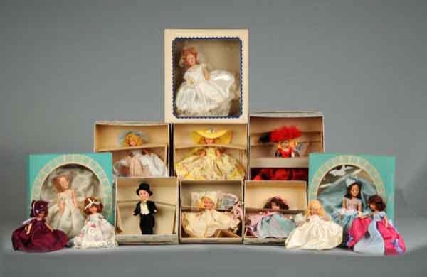 Lot of 13: Storybook Dolls.: American. Circa 1940 to 1950. Includes eight bisque Nancy Ann dolls with stiff legs consisting of Wednesday's Child #182, Bride #86, May #191, September #195, Ring Around Rosy #159, Sabbath Day #186, 