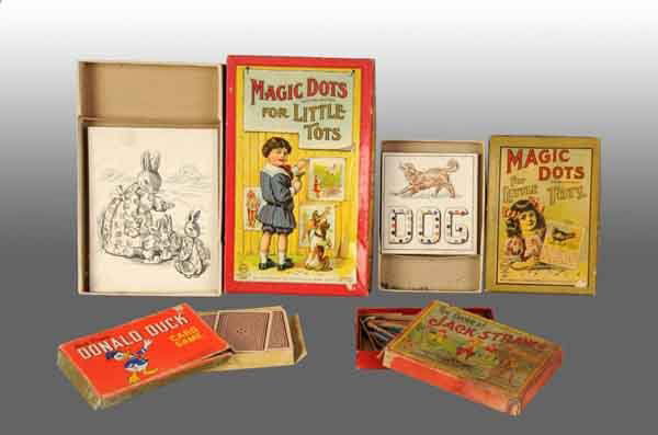 Lot of 4: Vintage Games.: Includes two Milton Bradley, one Parker Brothers, and one Whitman. Games consists of a Donald Duck card game, a Game of Jack Straws, and two Magic Dots for Little Tots. All in their original boxes wit