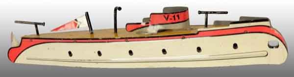 Tin Litho Embro Boat Toy.: American. Appears to be pre-war. Marked "The Embro Manufacturing Company Kenton, OH" on sides. 12" L. (Very Good - Excellent).
