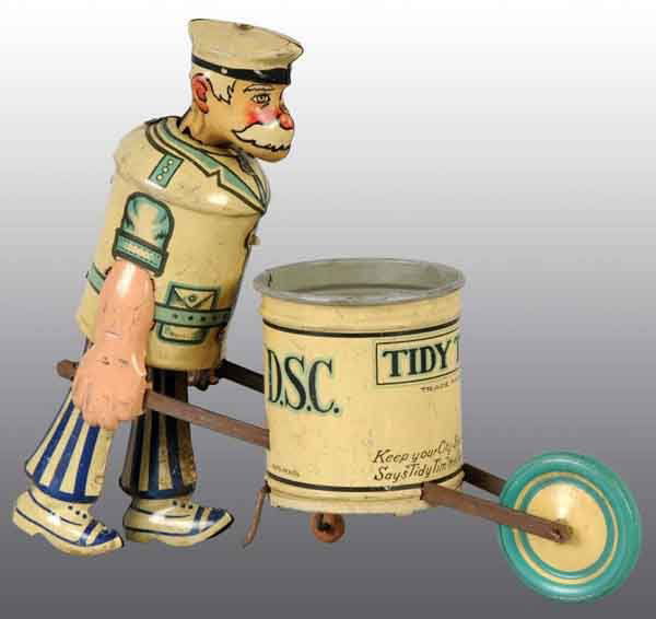 Tin Marx Tidy Tim Wind-Up Toy.: American. Working. Marked "Tidy Tim" on front and "Louis Marx" on back. Missing tools and moderate wear throughout. 8" L. (Very Good).