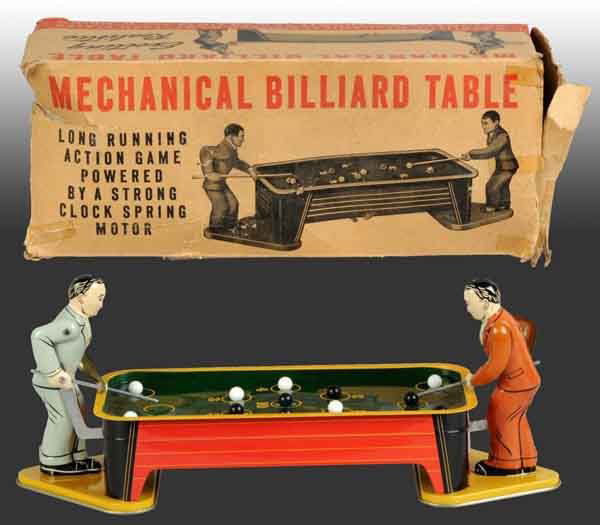 Tin Mechanical Billiard Players Wind-Up Toy.: Working. the toy is a reproduction from the 1990s but includes an original 1940s box with missing flaps. 12" L. Toy (Near Mint) Box (Very Good).