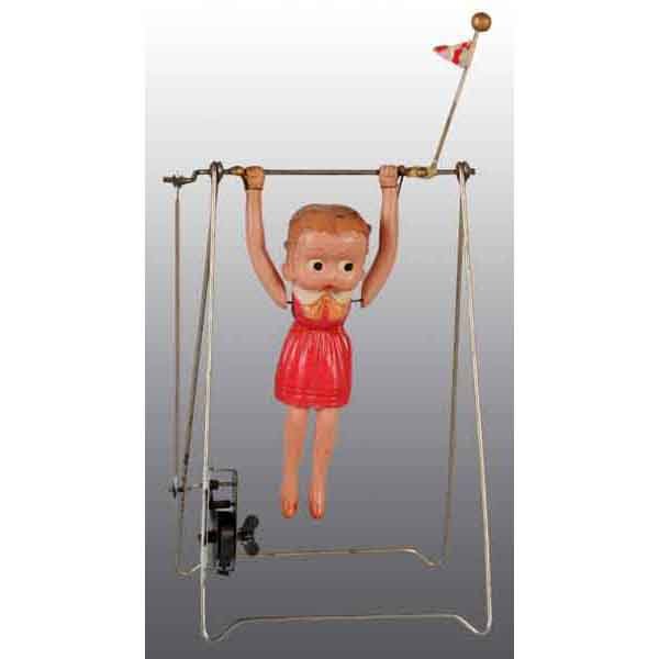 Celluloid Betty Boop Swing Wind-Up Toy.: Pre-war. Japanese. Working. Wire frame. When wound, Betty Boop spins around bar. Figure has a one-inch-long crack in back of head that has been repaired. Includes one celluloid flag. 10" T. (Very Good