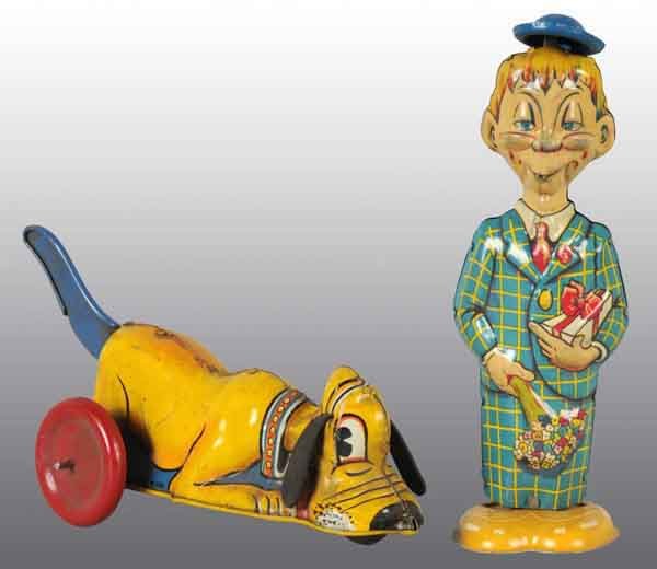 Lot of 2: Tin Mortimer Snerd & Pluto Toys.: American. Manufactured by Marx. Mortimer Snerd is a walker toy marked "1939 McCarthy Inc." on back and Pluto is a lever-action toy that is activated when tail is pushed down. Both toys show some wear 
