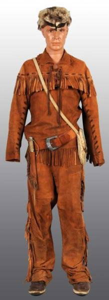 John Hart's Complete Hawkeye Pioneer Outfit.: John Hart starred in the 1950s television series "Hawkeye & The Last of the Mohicans". This lot contains his fringed jacket and pants, raccoon hat, powder horn, knife, and two conchos from moccasins.