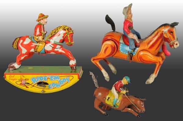 Lot of 3: Tin Litho Horse Wind-Up Toys.: All are working. Includes one Ride 'Em Cowboy by Wyandotte and two Japanese toys. One celluloid cowboy toy needs its arm reattached. Moderate wear throughout. (Very Good).