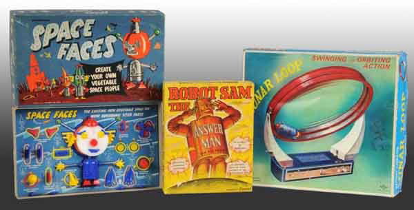 Lot of 3: Space Toys.: Includes Pressman Space Faces create your own space people game, Robot Sam The Answer Man game, and battery-operated Lunar Loop toy. The Lunar Loop toy is complete but does not work while the two game