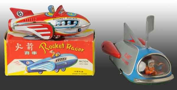 Lot of 2: Tin Space Rocket Toys.: Includes one Japanese battery-operated Planet Explorer with original antenna and one Chinese friction Rocket Racer with original box. Rocket Racer is working but Planet Explorer is not. Both: 8" L. (E