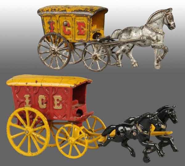 Lot of 2: Cast Iron Hubley Ice Wagon Toys.: Includes one yellow wagon pulled by one silver horse and one red wagon pulled by two black horses. Largest: 9 - 1/2" L. (Very Good).