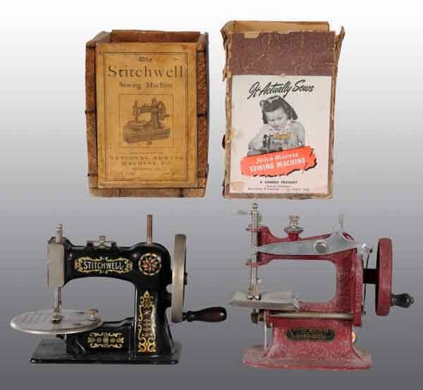 Lot of 2: Child's Toy Sewing Machines.: One is a metal Stitch Mistress by Genero in torn original cardboard box. The other is a cast iron Stitchwell by National. Both are working. Both: 7" x 6". (Very Good - Excellent).