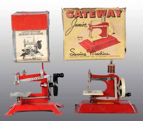 Lot of 2: Metal Child's Toy Sewing Machines.: Both have original boxes. Includes one Gateway Junior and one Stitch Mistress. No damage or repairs to machines. Box of Gateway is damaged. Each: 6" x 7". (Excellent).