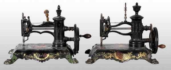 Lot of 2: Cast Iron Sewing Machines.: Similar models with unusual mechanisms. Both are working. Each: 12" x 10". (Excellent).